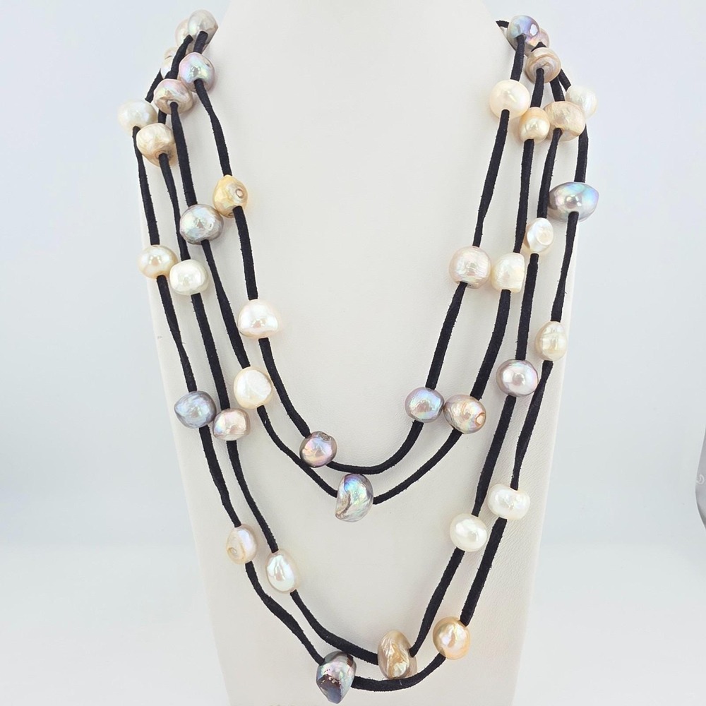 FRESHWATER PEARL COMPANY Baroque Station Necklace 4-Strand Black Leather 32"